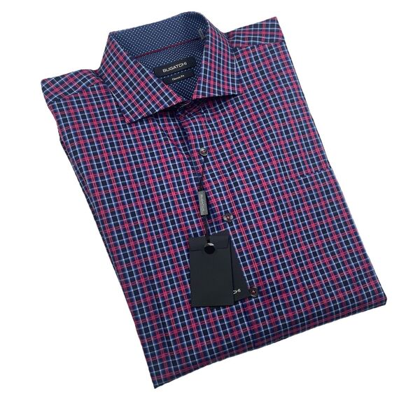 NWT Bugatchi Mens Pink/Navy Plaid Button Up Lone Sleeve-L